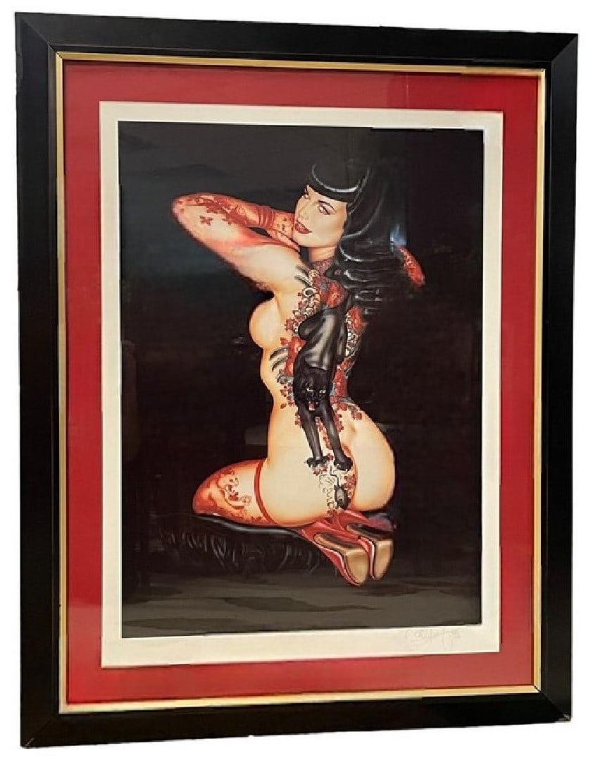 OLIVIA DE BERARDINIS BETTIE PAIGE CAT&MOUSE LITHO: For local pick up or ALTERNATE third party shipper information, please visit www.dejavuauctionshipping.com - Gorgeous print/lithograph of Bettie Paige - Signed and limited edition number 105 of 500 -
