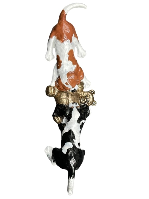 VINTAGE CAST METAL DOG & TEDDY BEAR WALL HOOK: For ALTERNATE shipping quote or LOCAL PICK-UP DETAILS, please visit dejavuauctionshipping.com WHIMSICAL HAND-PAINTED DOGS WITH GOLD TEDDY BEAR FIGURAL HOOK Charming vintage figural wall hook featuring