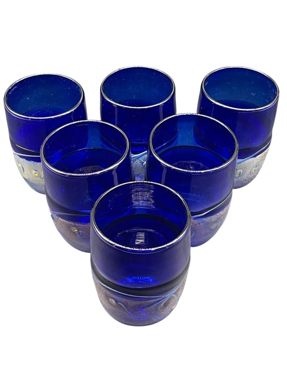 SET OF 6 HAND SIGNED BLUE BLOWN GLASS ART GLASSES (1 of 6)