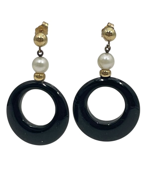 14K GOLD PEARL ONYX DANGLE HOOP EARRINGS 1.5" 5G (1 of 7)