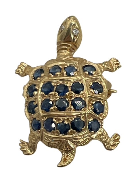 14K YLW GOLD SAPPHIRE DIAMONDS TINY TURTLE PIN 2G (1 of 7)