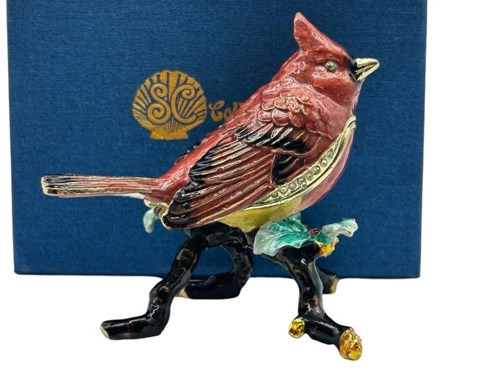 JAY STRONGWATER STYLE BEJEWELED CARDINAL BOX 3.25": Enamel painted, in-laid with Czech crystals.