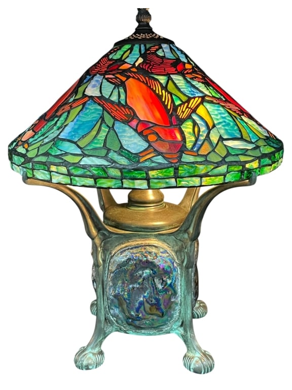 TIFFANY STYLE KOI FISH LAMP W TURTLE BACK BASE 20": *for alternative shipping options please go to www.dejavuauctionshipping.com -TIFFANY STYLE KOI FISH LEADED GLASS TABLE LAMP WITH TURTLE BACK BASE 20" X 15" D APPROX -Striking Tiffany style leaded gla