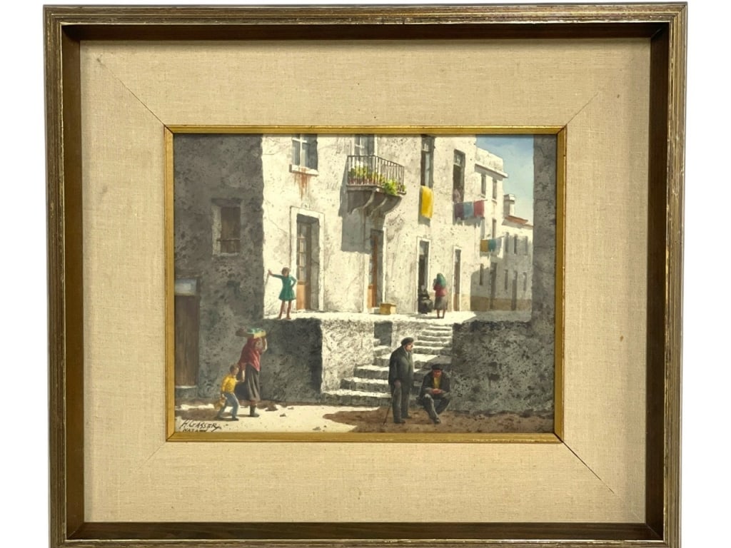 H. GASSER STONE STEPS OF NAZARETH WATERCOLOR 15": *for alternative shipping options please go to www.dejavuauctionshipping.com -HENRY GASSER “THE STONE STEPS OF NAZARETH” WATERCOLOR PAINTING FRAMED 13" X 15" APPROX -Vintage framed watercolor