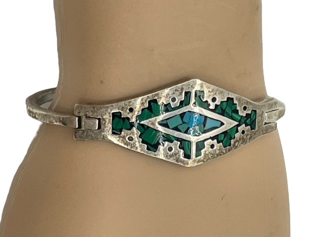 MEXICO STERLING STONE INLAY DIAMOND CUFF BRACELET (1 of 8)