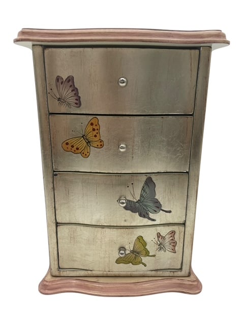 VTG WOOD JEWELRY BOX ORGANIZER SPINS LAZY SUSAN: *For ALTERNATIVE SHIPPING QUOTES or local PICKUP details, please visit www.dejavuauctionshipping.com* Measures: 13" tall x 8" x 8" in size Two sides to this pretty jewelry box, one side has slanted sh