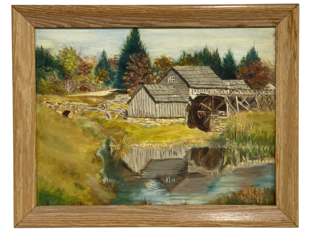 PK ELLIS RUSTIC WATERMILL LANDSCAPE PAINTING 18.5": *for alternative shipping options please go to www.dejavuauctionshipping.com -SIGNED PK ELLIS RUSTIC WATERMILL LANDSCAPE OIL PAINTING 14.5" X 18.5" APPROX TO FRAME -Charming signed oil painting by PK