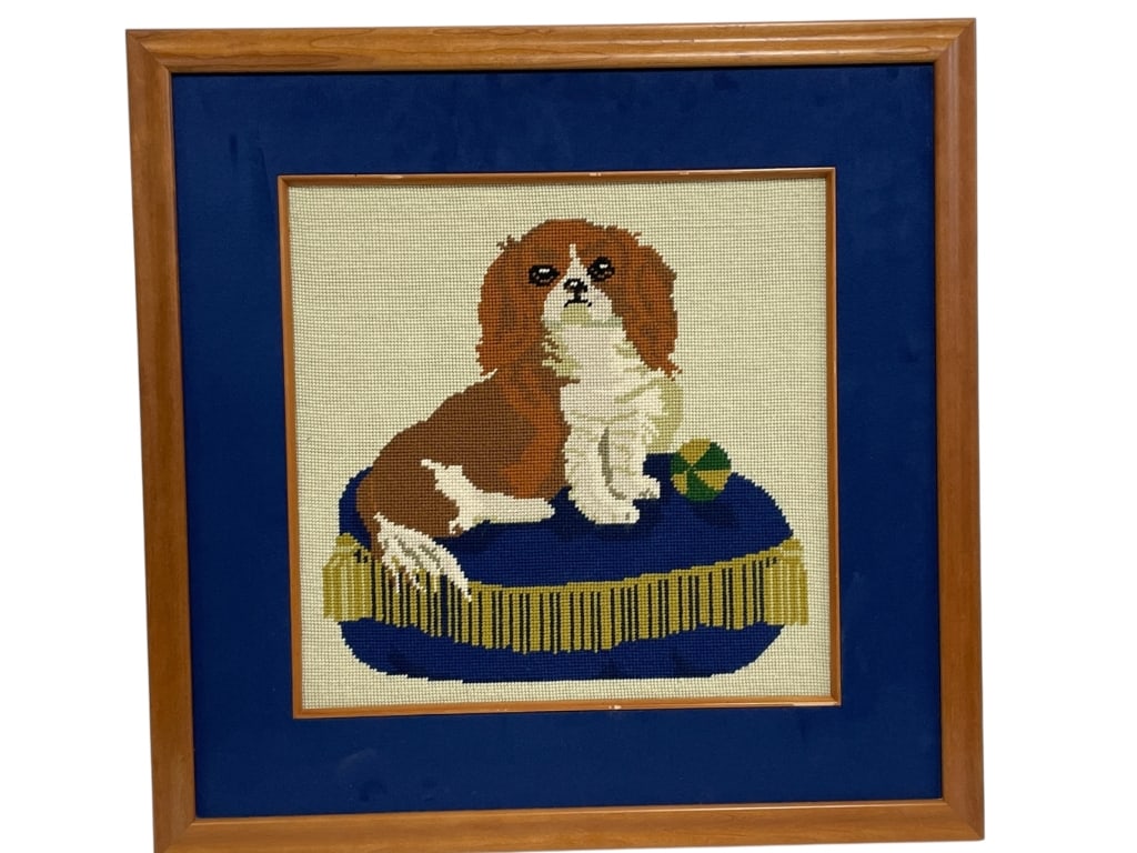 KING CHARLES SPANIEL NEEDLEPOINT 24": *for alternative shipping options please go to www.dejavuauctionshipping.com -FRAMED KING CHARLES SPANIEL NEEDLEPOINT 24" X 24" APPROX -Charming framed needlepoint tapestry depicting a regal King Char