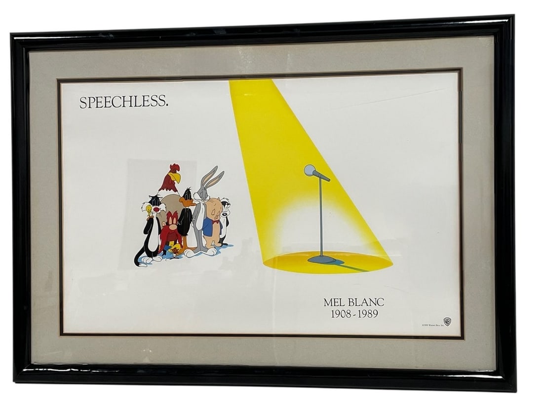 SPEECHLESS MEL BLANC LOONEY TUNES TRIBUTE 31": *for alternative shipping options please go to www.dejavuauctionshipping.com -SPEECHLESS MEL BLANC 1908–1989 LOONEY TUNES TRIBUTE FRAMED ART PRINT 22" X 31" APPROX -Framed Warner Bros. tribute art p