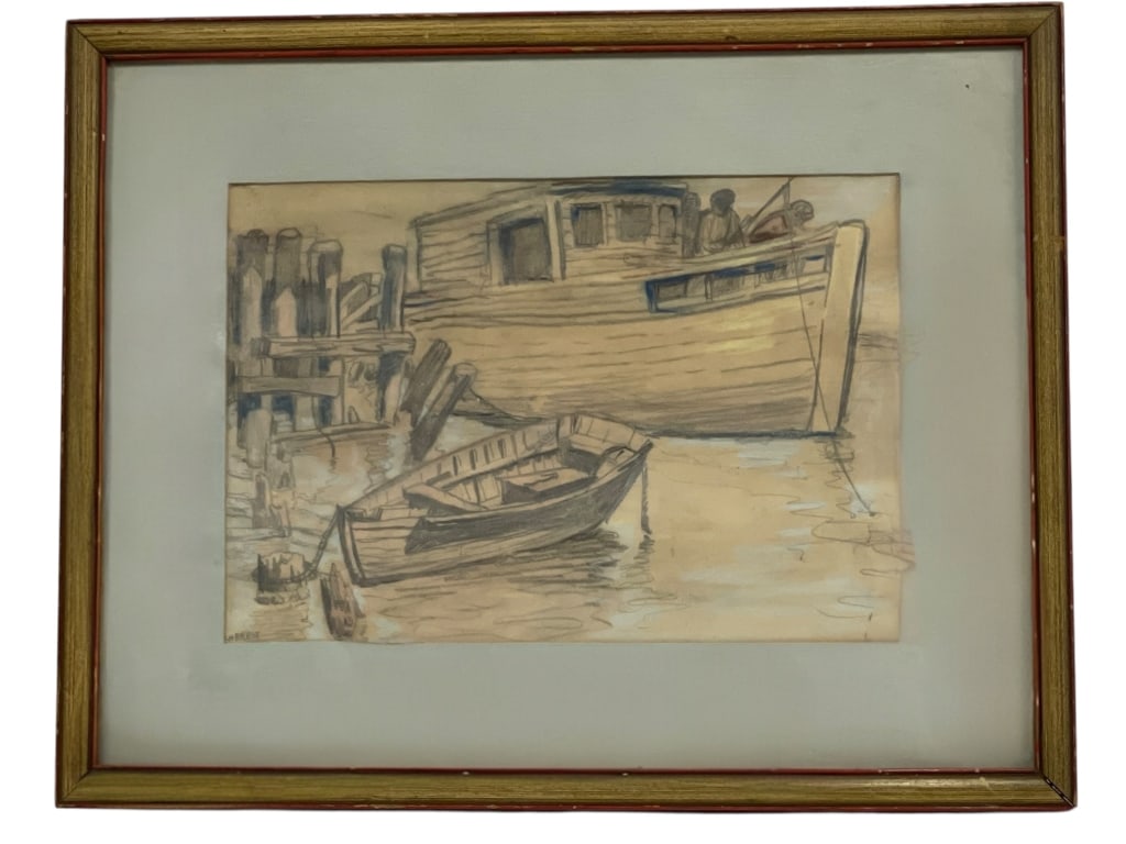 J. HERBST HARBOR BOAT DRAWING ON PAPER FRAMED (1 of 6)