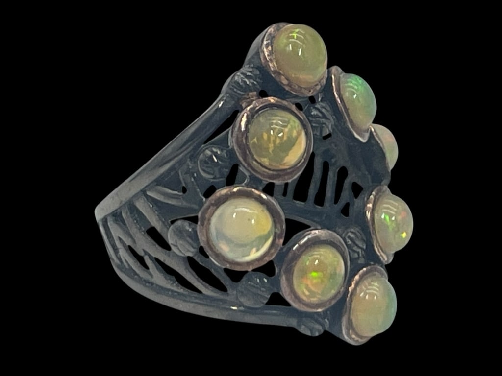 ARTISAN GUNMETAL STERLING SILVER OPEN OPALS RING 8: *For ALTERNATIVE SHIPPING QUOTES or local PICKUP details, please visit www.dejavuauctionshipping.com* ARTISAN MADE AND DESIGNED STERLING SILVER RINGS! We have many of these from the same designer and