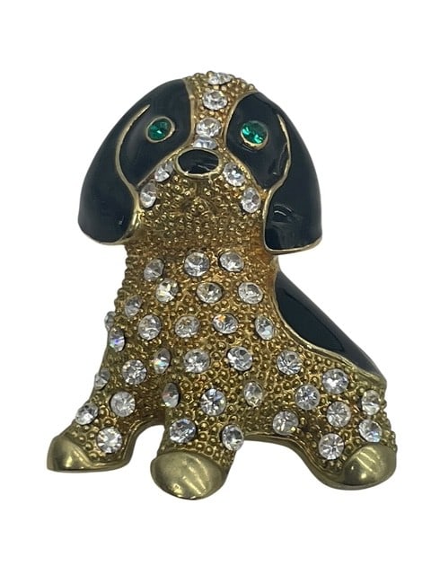 VINTAGE GOLD DOG BROOCH CRYSTALS GREEN EYES 2" (1 of 1)