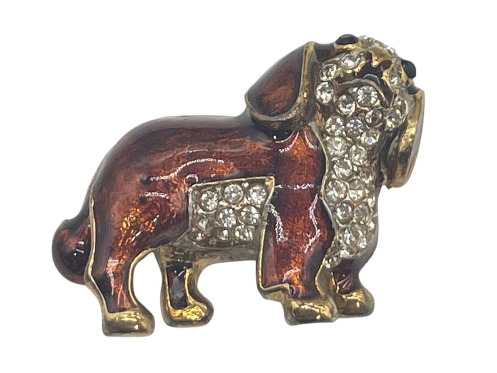 GOLD BROWN ENAMEL CRYSTALS SPANIEL DOG BROOCH 1.5" (1 of 5)