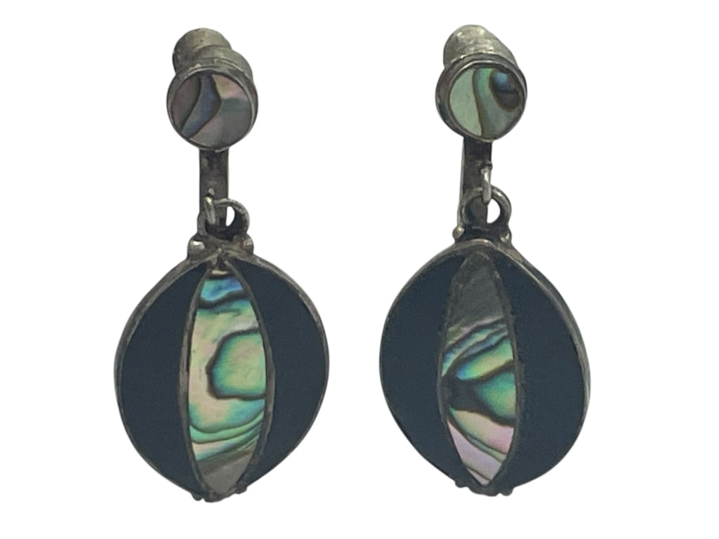 VTG TAXCO STERLING ABALONE ONYX SCREW EARRINGS 4G (1 of 1)