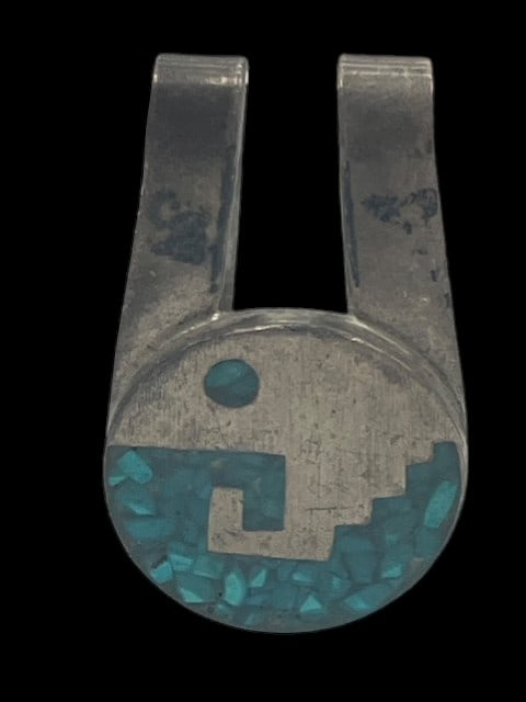 VTG TAXCO TURQUOISE INLAY STERLING MONEY CLIP 18G: *For ALTERNATIVE SHIPPING QUOTES or local PICKUP details, please visit www.dejavuauctionshipping.com* 18 GRAMS TOTAL WEIGHT Nearly 2" long Money clip signed by artist on back Taxco Mexico locale of wo