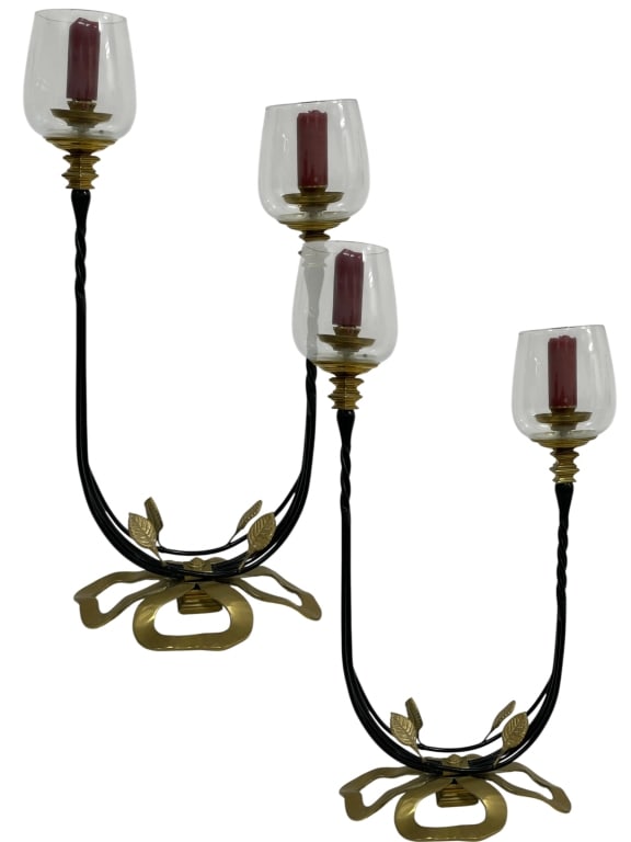 PAIR OF VINTAGE METAL CANDLESTICKS W GLASS 27": *for alternative shipping options please go to www.dejavuauctionshipping.com -PAIR OF VINTAGE METAL CANDLESTICKS / CANDELABRA W GLASS HURRICANES -Elegant pair of tall metal candlesticks featuring twis