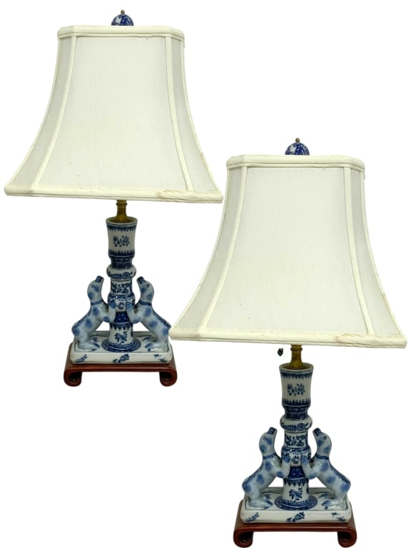 PAIR OF BLUE AND WHITE CANDLESTICK LAMPS 20" (1 of 1)