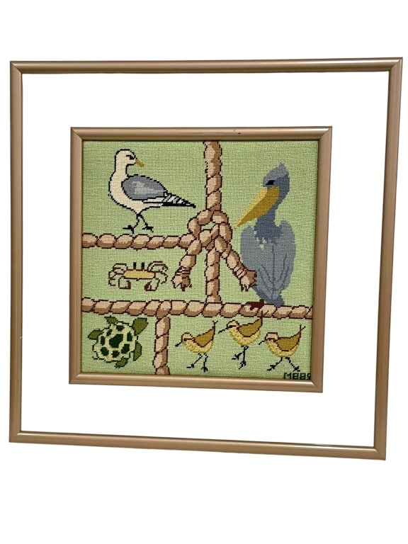 NEEDLEPOINT NAUTICAL / COASTAL BIRD SCENE 24": *for alternative shipping options please go to www.dejavuauctionshipping.com -FRAMED NEEDLEPOINT NAUTICAL / COASTAL BIRD SCENE IN CLEAR FLOAT FRAME -Charming hand-stitched needlepoint artwork depictin