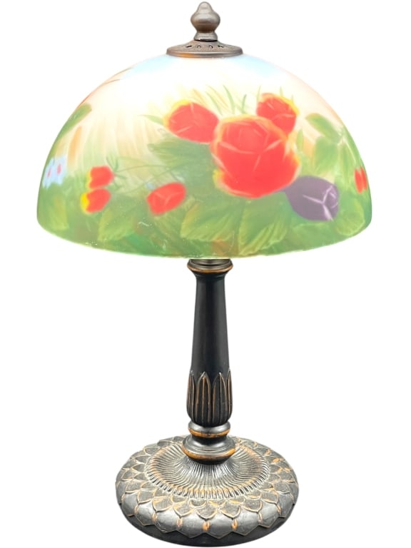 DALE TIFFANY ROSE DOME TABLE LAMP 16": *for alternative shipping options please go to www.dejavuauctionshipping.com-DALE TIFFANY ROSE DOME TABLE LAMP IN ANTIQUE BRONZE FINISH -Charming stained-glass style dome table lamp attributed to