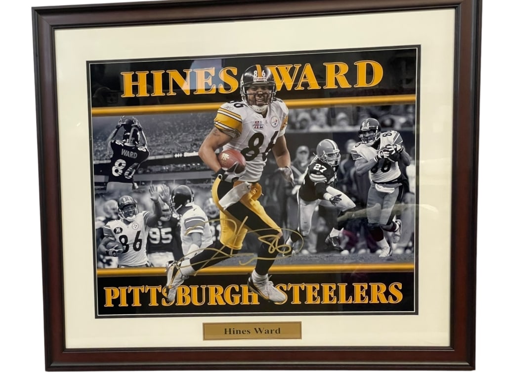 PITTSBURGH STEELERS HINES WARD AUTOGRAPHED 26": *for alternative shipping options please go to www.dejavuauctionshipping.com -PITTSBURGH STEELERS HINES WARD AUTOGRAPHED FRAMED COLLAGE BY DANBURY MINT - Limited-edition framed Pittsburgh Steelers tri