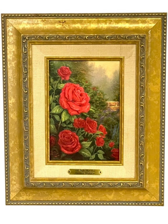 T. KINKADE A PERFECT RED ROSE ACCENT PRINT 13": *for alternative shipping options please go to www.dejavuauctionshipping.com -THOMAS KINKADE “A PERFECT RED ROSE” ACCENT PRINT, FRAMED W/ COA -Decorative Thomas Kinkade Accent Print titled “