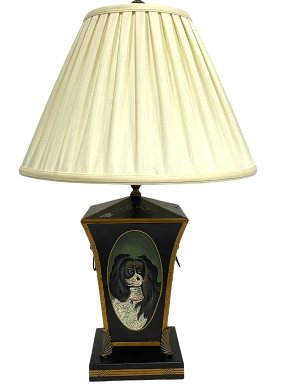 MAITLAND-SMITH STYLE KING CHARLES LAMP 26": -MAITLAND-SMITH STYLE DECORATIVE KING CHARLES SPANIEL DOG MOTIF TABLE LAMP WITH SHADE 26" X 7" X 7" APPROX -Statement table lamp in the Maitland-Smith style featuring a black and gold tole/decorative