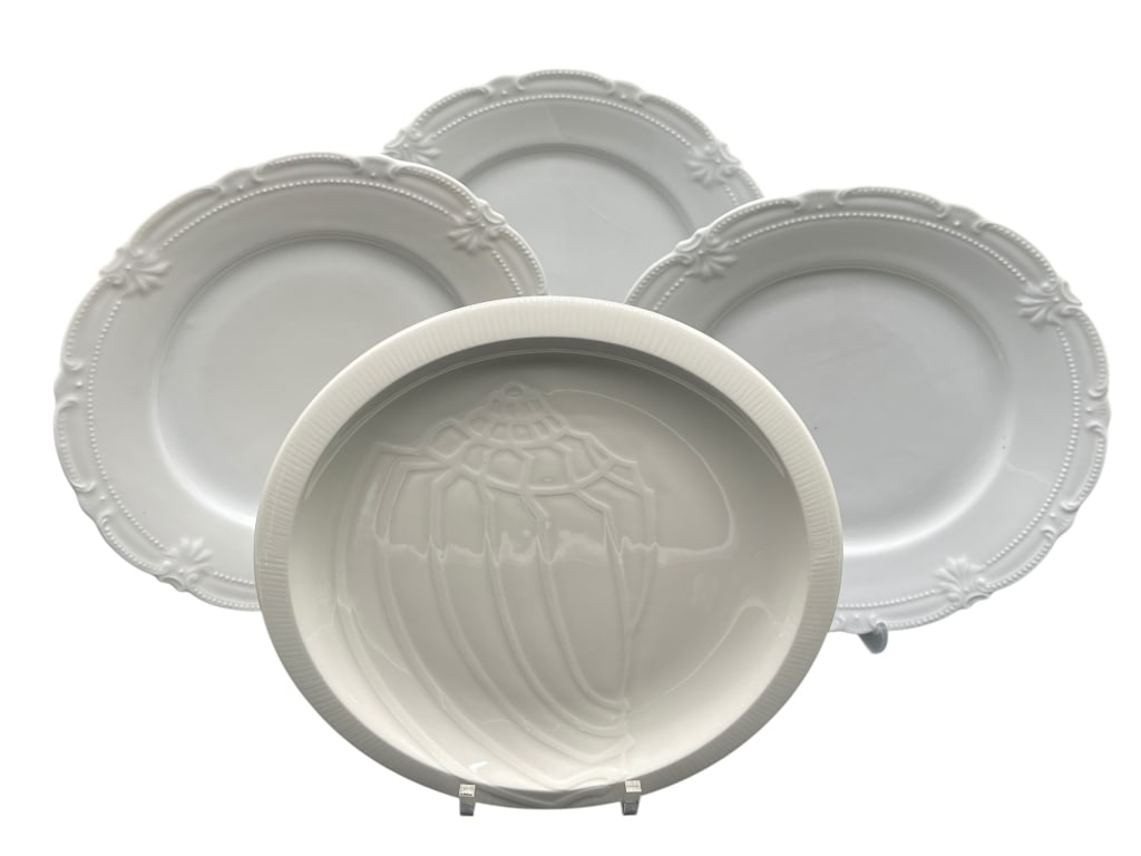 FRANCISCAN SEA SCULPTURES CONCH: For ALTERNATE shipping quote or LOCAL PICK-UP DETAILS, please visit dejavuauctionshipping.com FRANCISCAN SEA SCULPTURES “THE CONCH” WHITE SERVING BOWL & PLATES Classic mid-century coastal tabl