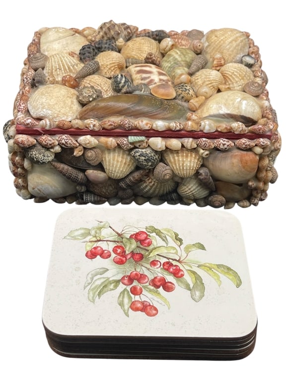 SEASHELL DECOR BOX & CHERRY COASTERS: For ALTERNATE shipping quote or LOCAL PICK-UP DETAILS, please visit dejavuauctionshipping.com SEASHELL DECORATED TRINKET BOX WITH SET OF CHERRY MOTIF COASTERS Decorative coastal-themed lot featuring a