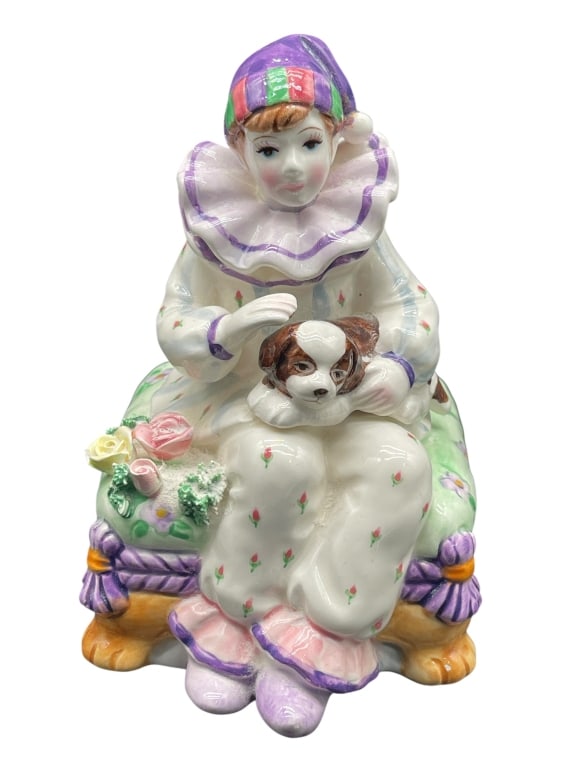 VINTAGE CLOWN GIRL MUSIC BOX FIGURINE: For ALTERNATE shipping quote or LOCAL PICK-UP DETAILS, please visit dejavuauctionshipping.com VINTAGE PORCELAIN CLOWN GIRL WITH PUPPY MUSIC BOX FIGURINE Charming vintage porcelain music box figurine d
