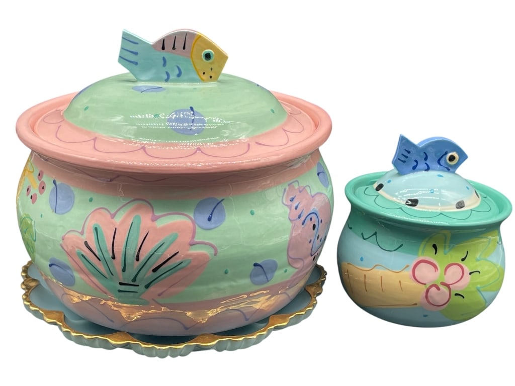 FITZ & FLOYD LIDDED BOWLS WITH EGG TRAY: For ALTERNATE shipping quote or LOCAL PICK-UP DETAILS, please visit dejavuauctionshipping.com FITZ & FLOYD LIDDED CERAMIC SERVING BOWLS WITH FISH FINIALS AND OYSTER PLATTER Colorful coastal-style cera