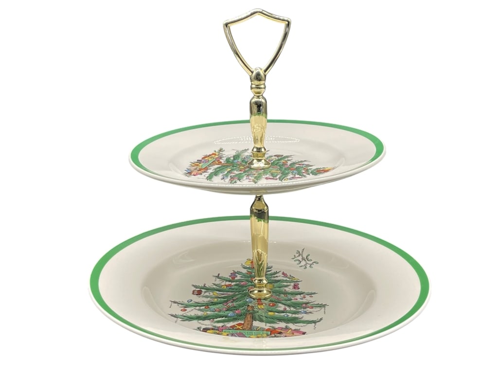 SPODE CHRISTMAS TREE 2-TIER SERVING STAND S3324-N: For ALTERNATE shipping quote or LOCAL PICK-UP DETAILS, please visit dejavuauctionshipping.com SPODE ENGLAND CHRISTMAS TREE TWO-TIER HOLIDAY DESSERT STAND WITH BRASS HANDLE Classic Spode “Christmas T