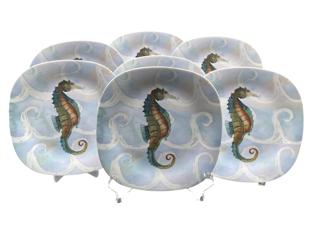SEAHORSE MEDLEY PLATES SET OF 6 10" DIAMETER: For ALTERNATE shipping quote or LOCAL PICK-UP DETAILS, please visit dejavuauctionshipping.com CERTIFIED INTERNATIONAL ELIZABETH MEDLEY SEAHORSE COASTAL SQUARE DINNER PLATES SET OF SIX Set of six Certi