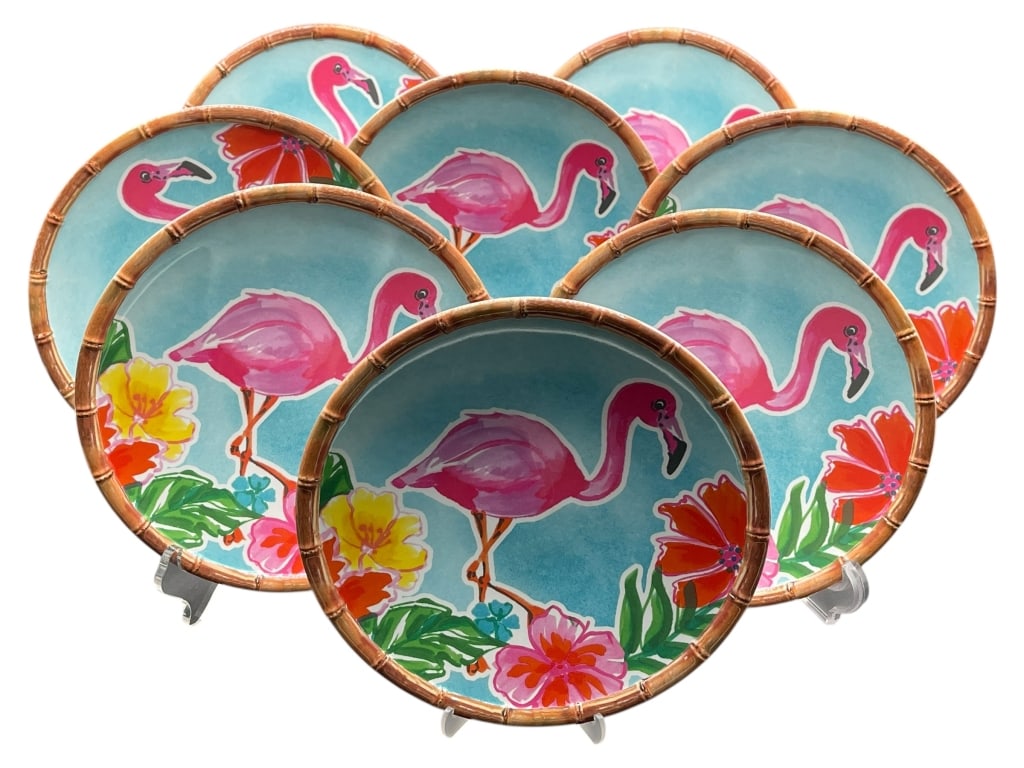 FLAMINGO MELAMINE PLATE SET OF 8 10" DIAMETER: For ALTERNATE shipping quote or LOCAL PICK-UP DETAILS, please visit dejavuauctionshipping.com SET OF SIX SASI LA TABLE FLAMINGO MELAMINE DINNER PLATES WITH BAMBOO STYLE RIM Colorful set of six tropica