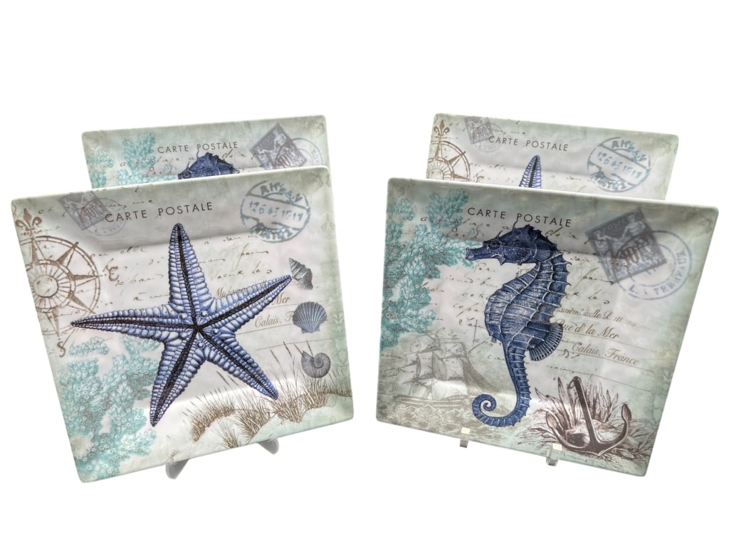 MELAMINE SEASIDE PLATE 8-11" SET OF 4: For ALTERNATE shipping quote or LOCAL PICK-UP DETAILS, please visit dejavuauctionshipping.com ASSORTED MELAMINE COASTAL SERVING PLATES INCLUDING FLAMINGO, SEAHORSE, STARFISH AND SEASHELL DESIGNS Color