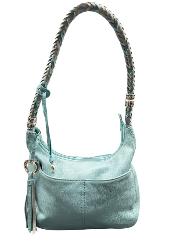 BRIGHTON SAGE LEATHER SHOULDER BAG BRAID STRAP 12": For ALTERNATE shipping quote or LOCAL PICK-UP DETAILS, please visit dejavuauctionshipping.com BRIGHTON SOFT TURQUOISE LEATHER SHOULDER HANDBAG WITH BRAIDED HANDLE AND HEART CHARM Stylish Brighton leat