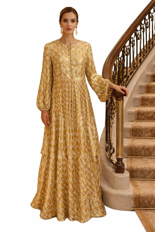 TORY BURCH METALLIC GOLD CHIFFON JACQUARD GOWN 12: *For ALTERNATIVE SHIPPING QUOTES or local PICKUP details, please visit www.dejavuauctionshipping.com* STUNNING TORY BURCH DESIGNER GOWN! Metallic Gold Chiffon Jacquard material Lovely fitted bodice ab