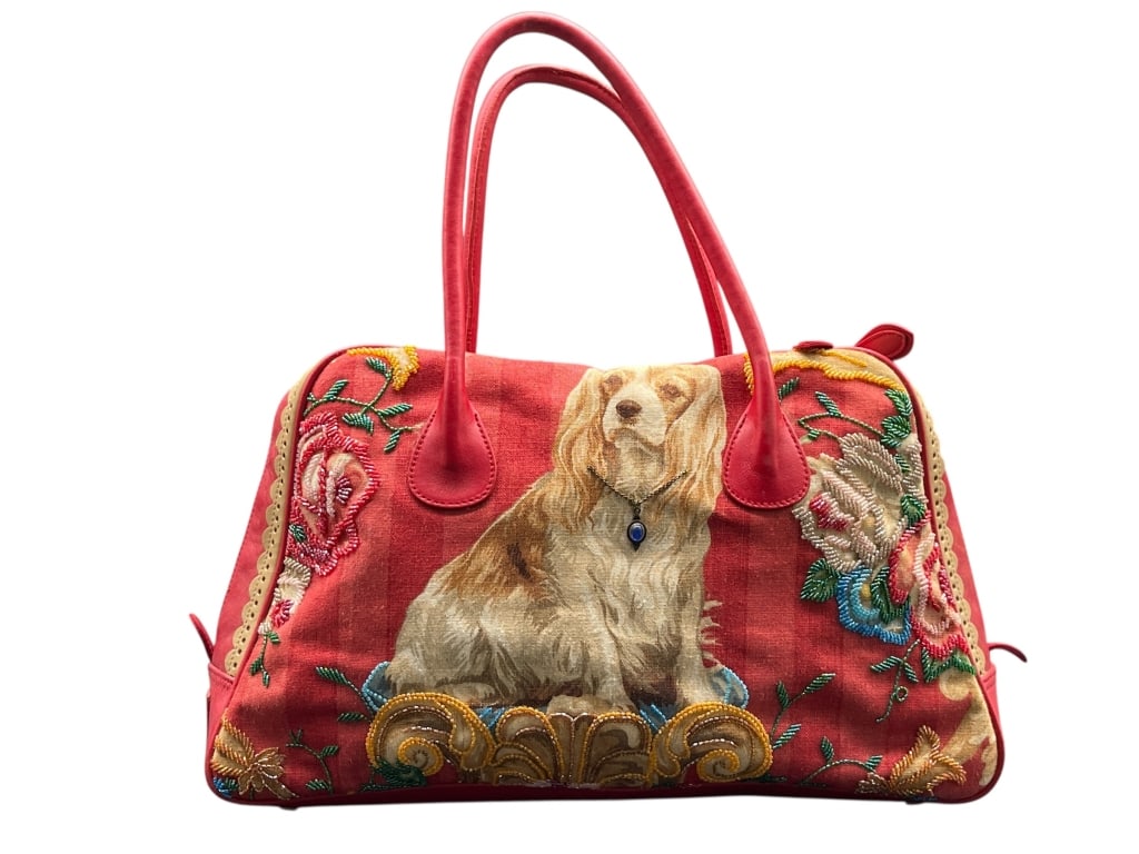 ISABELLA FIORE EMBROIDERED DOG HANDBAG 16" W: For ALTERNATE shipping quote or LOCAL PICK-UP DETAILS, please visit dejavuauctionshipping.com ISABELLA FIORE DESIGNER HANDBAG WITH EMBROIDERED DOG AND FLORAL DETAIL Charming Isabella Fiore designer ha