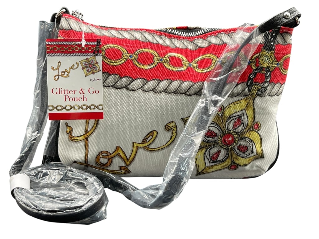 BRIGHTON GLITTER & GO LOVE PRINT POUCH 8: For ALTERNATE shipping quote or LOCAL PICK-UP DETAILS, please visit dejavuauctionshipping.com BRIGHTON GLITTER & GO LOVE PRINT CROSSBODY POUCH 8" Brighton “Glitter & Go” canvas pouch featuring