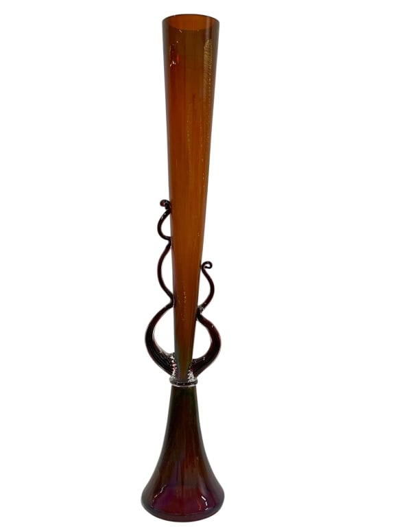 TALL AMBER MURANO STYLE ART GLASS FLOOR VASE 37": *for alternative shipping options please go to www.dejavuauctionshipping.com -TALL AMBER ART GLASS FLOOR VASE WITH APPLIED CURLING HANDLES – 37" H X 6" D -Dramatic tall art glass trumpet vase in a r