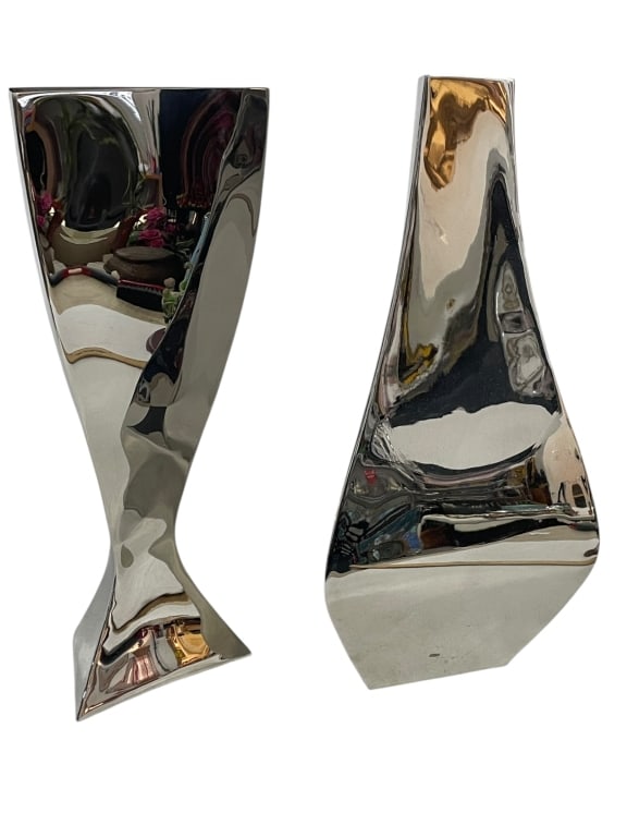 PAIR OF MICHAEL ARAM POLISHED METAL TWIST VASES (1 of 1)