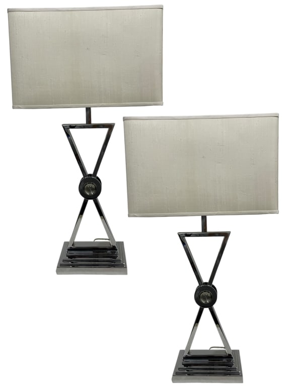 PAIR OF MODERN GEOMETRIC CHROME TABLE LAMPS 31" (1 of 1)
