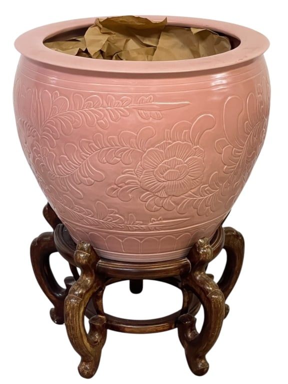 PINK EMBOSSED CERAMIC JARDINIERE PLANTER 21": *for alternative shipping options please go to www.dejavuauctionshipping.com -PINK EMBOSSED CERAMIC JARDINIERE PLANTER WITH FLORAL MOTIF – 18" X 21" APPROX (MEASURED WITHOUT STAND) -Beautiful large