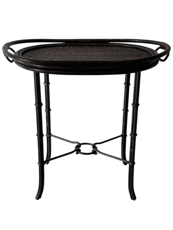 RATTAN TRAY TABLE W METAL FAUX-BAMBOO BASE 19": *for alternative shipping options please go to www.dejavuauctionshipping.com -VINTAGE REMOVABLE RATTAN TRAY TABLE WITH METAL FAUX-BAMBOO BASE – 19" X 17" X 11" -Chic vintage serving tray table featu