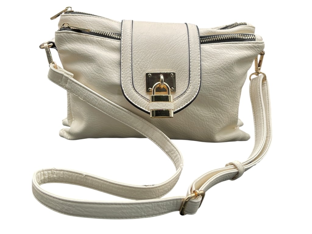 NICE ECRU FAUX LEATHER FLAPOVER W/LOCK PURSE 7" (1 of 9)