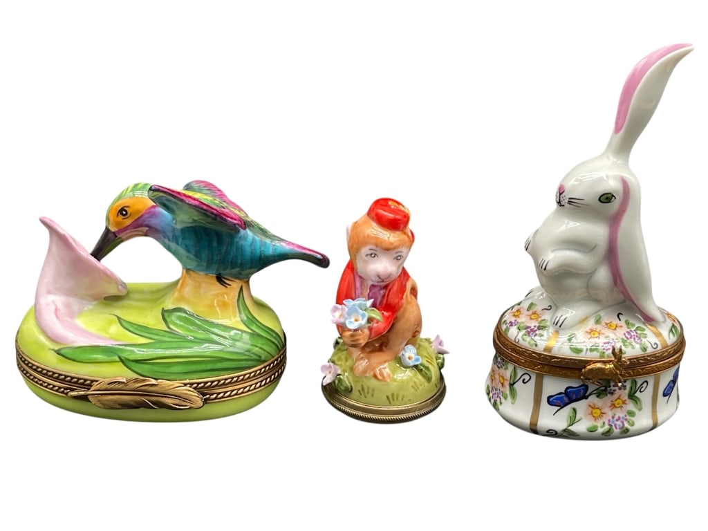 3 LIMOGES ANIMALS BUNNY TRINKET BOX LOT 1-3": For ALTERNATE shipping quote or LOCAL PICK-UP DETAILS, please visit dejavuauctionshipping.com 3-3" LIMOGES HAND PAINTED PORCELAIN TRINKET BOXES INCLUDING BUNNY, HUMMINGBIRD & MONKEY Charming group of