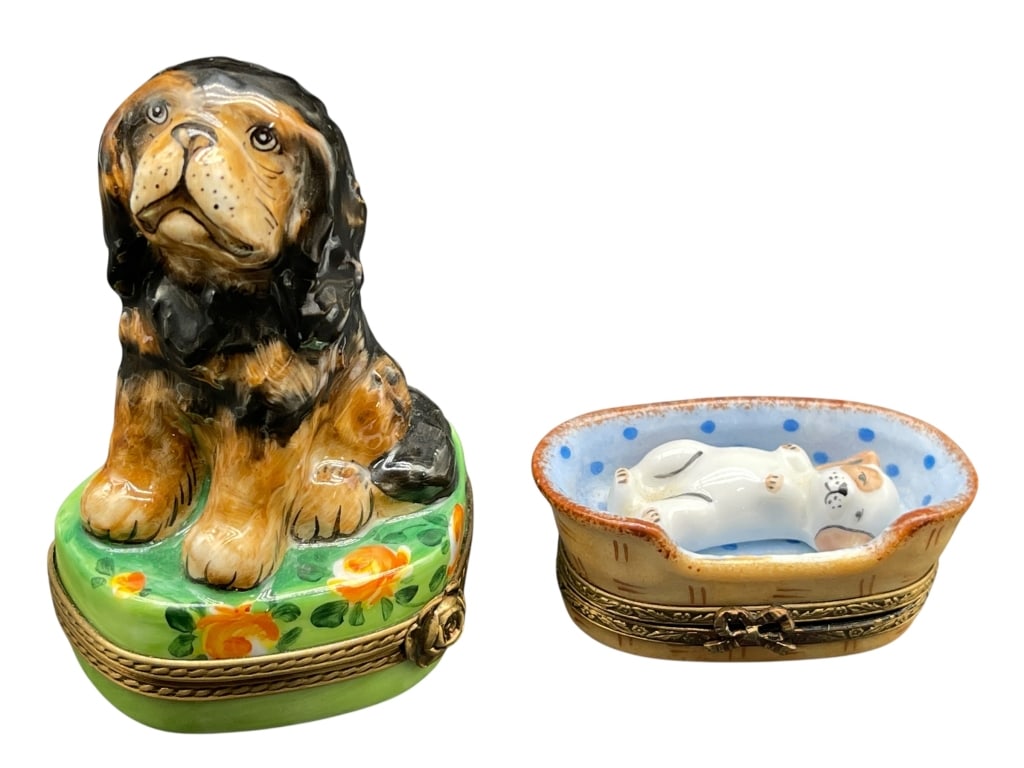 LIMOGES PORCELAIN DOG TRINKET BOX & MINI DOG BED: For ALTERNATE shipping quote or LOCAL PICK-UP DETAILS, please visit dejavuauctionshipping.com **COLLECTION OF THREE LIMOGES FRANCE HAND PAINTED PORCELAIN TRINKET BOXES** Charming grouping of three han
