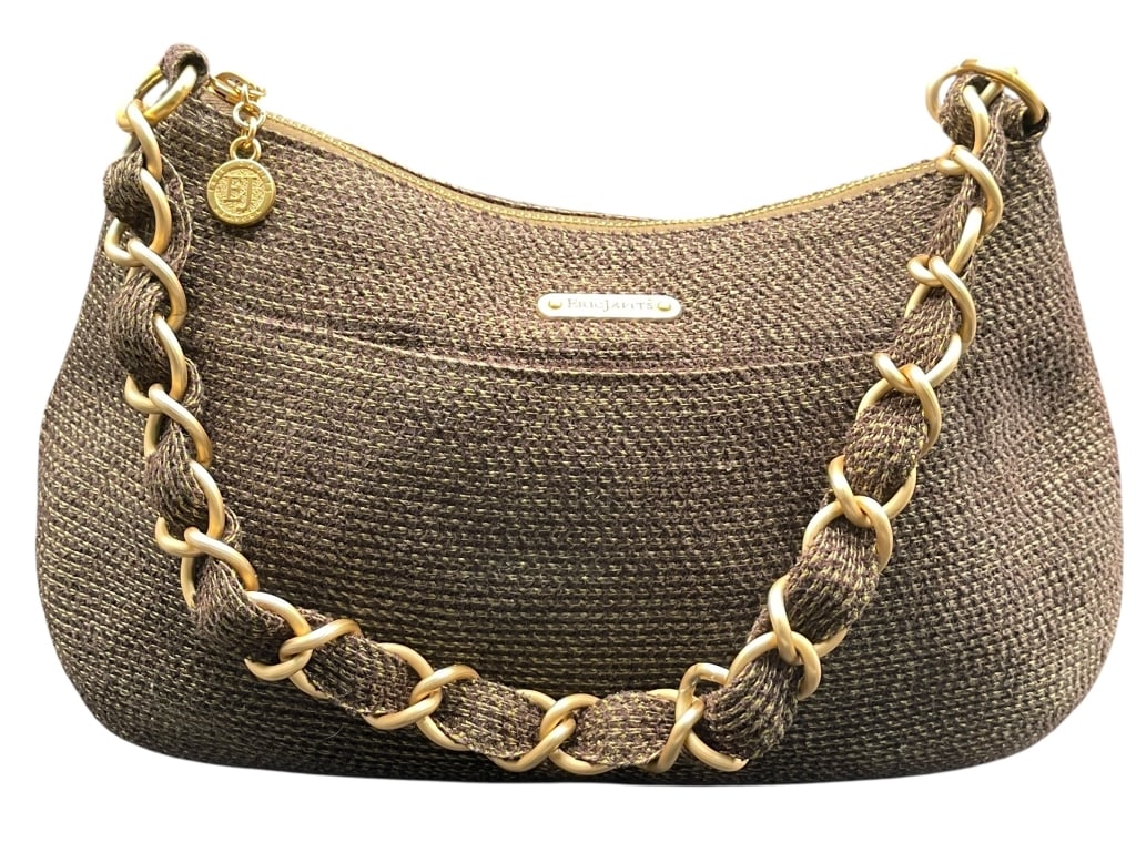 ERIC JAVITS NEW YORK WOVEN SHOULDER BAG 13" W: For ALTERNATE shipping quote or LOCAL PICK-UP DETAILS, please visit dejavuauctionshipping.com ERIC JAVITS NEW YORK WOVEN FABRIC SHOULDER HANDBAG WITH CHAIN DETAIL Designer Eric Javits New York shoulde