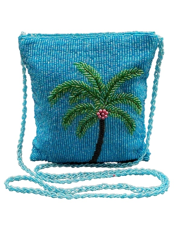 VINTAGE BLUE BEADED PALM TREE PURSE 6" W: For ALTERNATE shipping quote or LOCAL PICK-UP DETAILS, please visit dejavuauctionshipping.com VINTAGE HAND BEADED TURQUOISE BLUE SHOULDER PURSE WITH PALM TREE DESIGN Charming vintage hand-beaded eveni