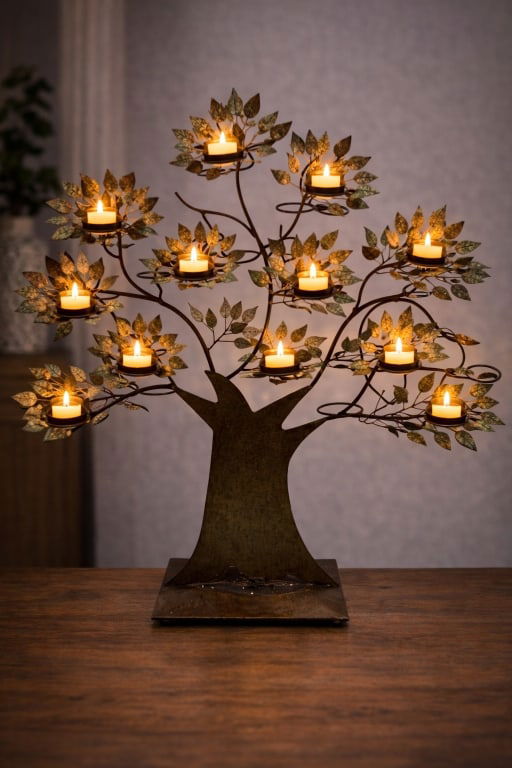 RUSTIC PATINA METAL TREE OF LIFE CANDELABRA 22": *For ALTERNATIVE SHIPPING QUOTES or local PICKUP details, please visit www.dejavuauctionshipping.com* CANDELABRA IN THE SHAPE OF A TREE OF LIFE Candleholders sit on the back of the tree A beautiful ar