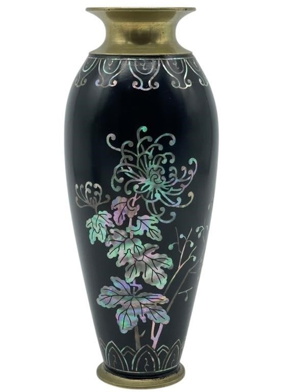 KOREAN SOLID BRASS MOTHER OF PEARL INLAY VASE 8": MID CENTURY CRAFTSMANSHIP FROM KOREA Solid brass VERY HEAVY vase with STUNNING mother of pearl inlay Stands 8" tall and is really attractive For oriental decor to modern mid mod styles, this vase is b
